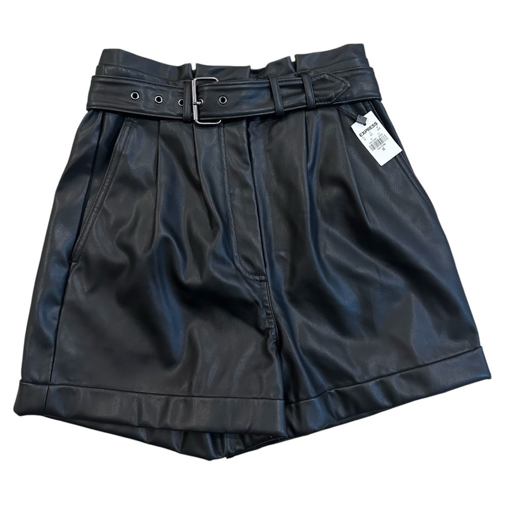 Express High Waisted Vegan Leather Black Belted Shorts NWT - Picture 5 of 9
